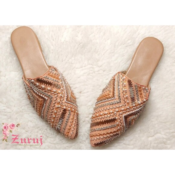 Peach Satin Embroidered Beaded Slip On Mules Zuruj Size 41 US 10 - Picture 1 of 13